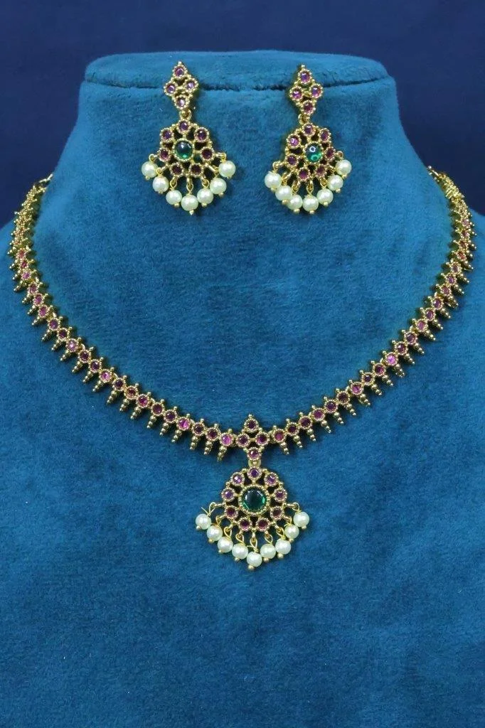 Ruby Line Necklace Set with Green Pendant