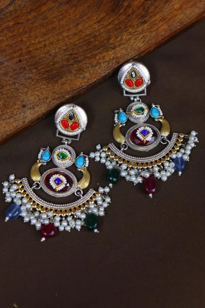 Multicolour Kundan Chandbali Earrings with Stone Drops