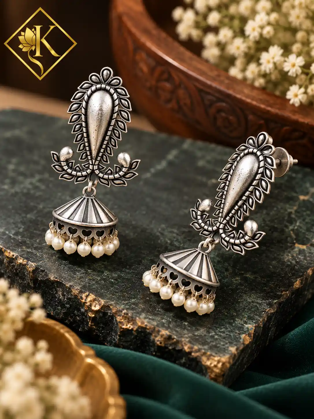 Oxidised Paisley Jhumka Earrings with Leaf Scrollwork