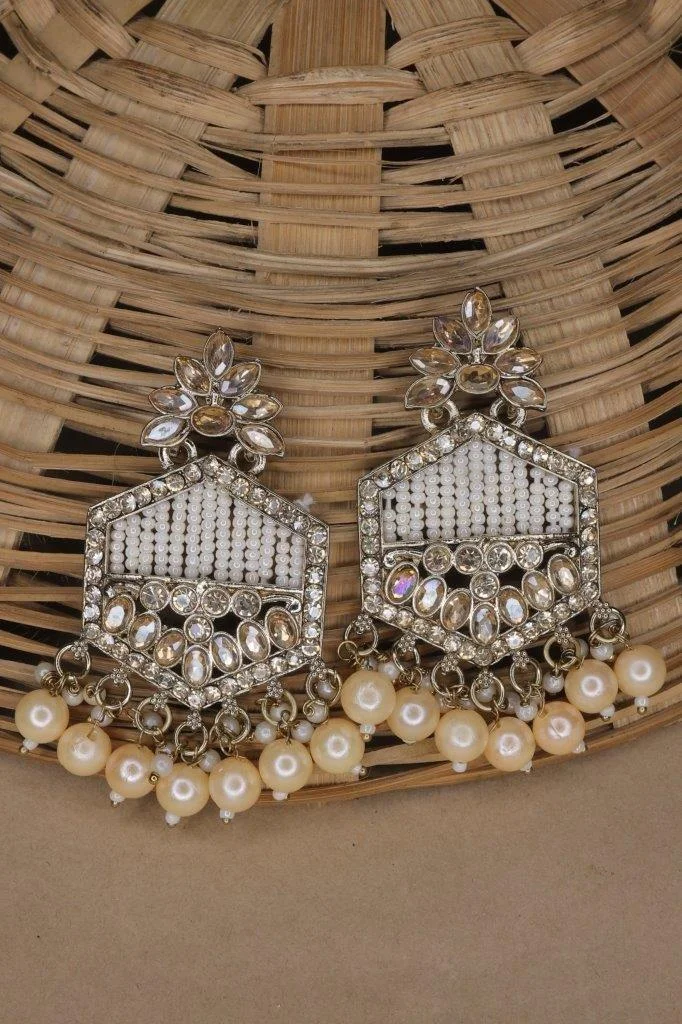 Hexagon Kundan Drop Earrings with Pearl Fringe