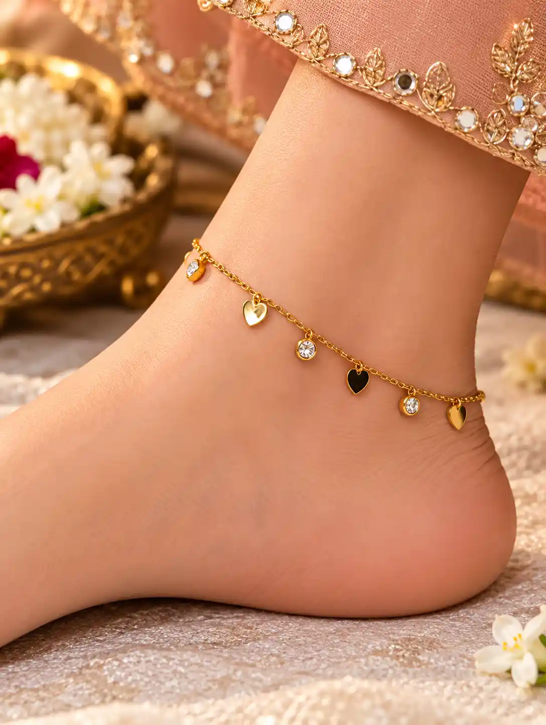Anti Tarnish Gold Heart Charm Anklet with Delicate Dangle Accents