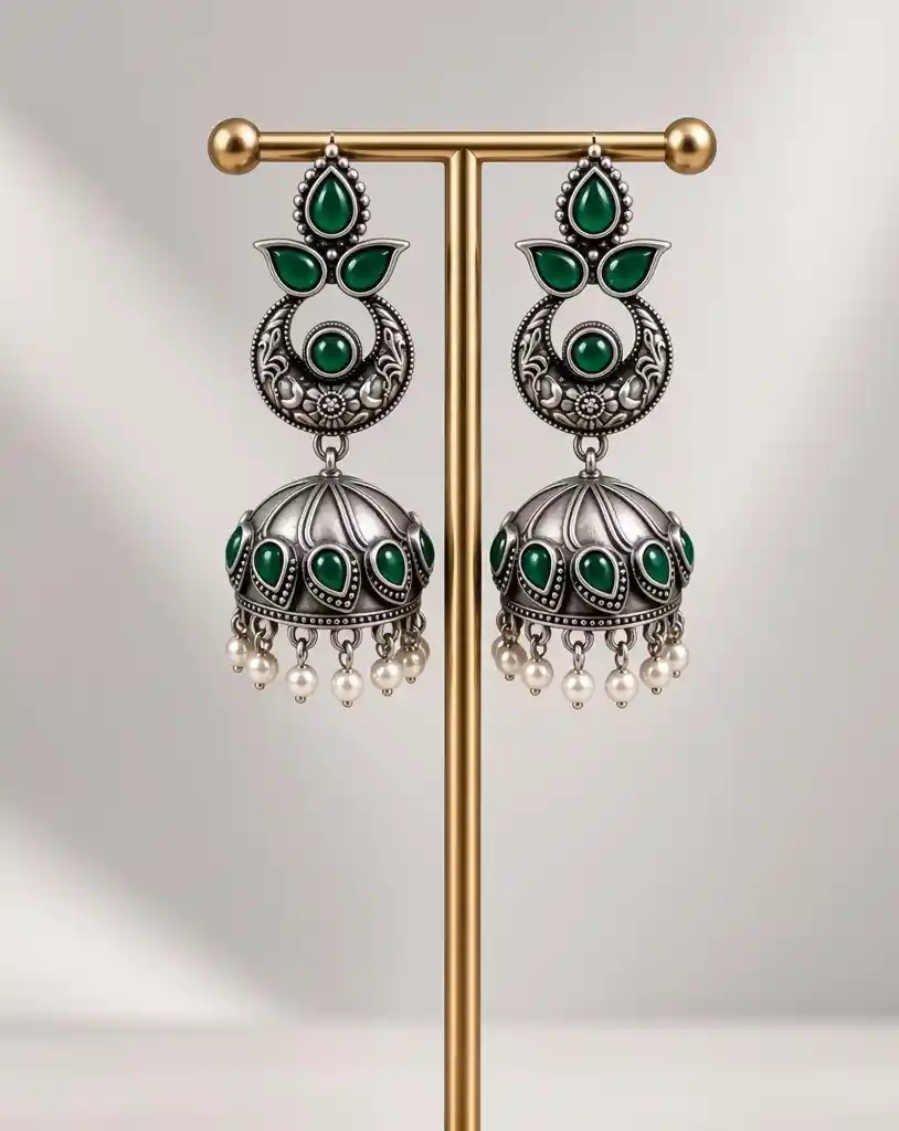 Oxidised Stone Jhumka Earrings with Leaf-Inspired Detailing