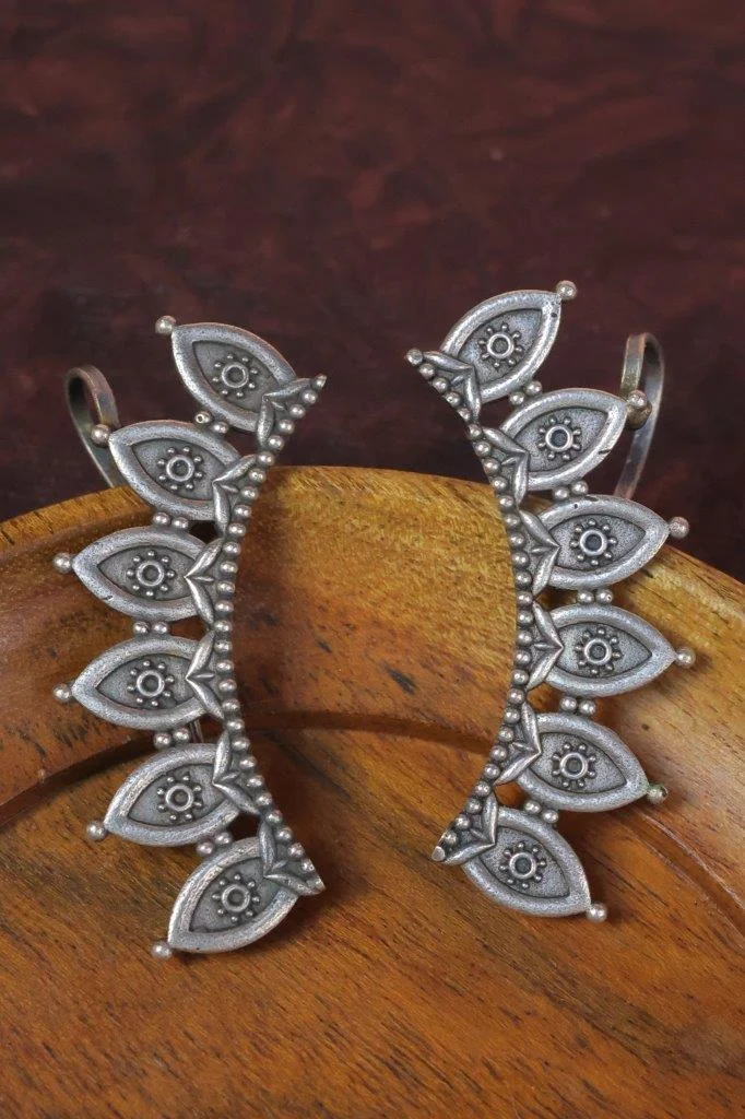 Oxidised Silver Leaf Ear Climber Pair