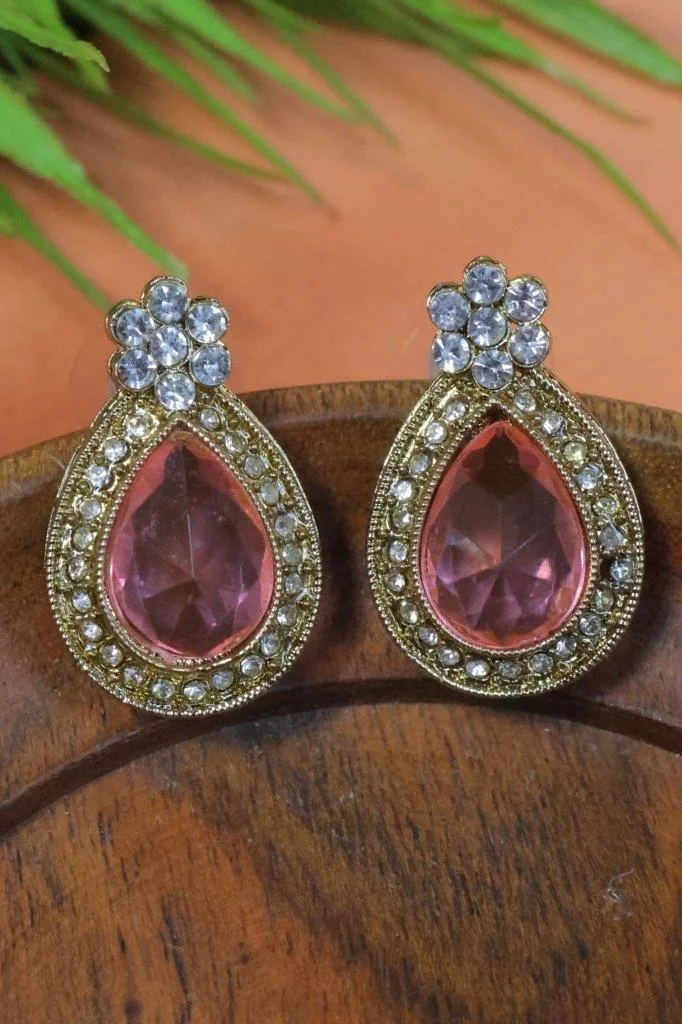 Teardrop Stone Stud Earrings with Clear Flower Top
