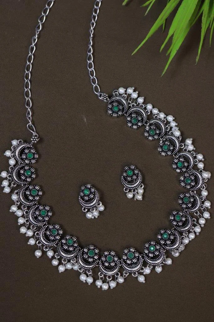 Crescent Disc Necklace with Pearl Fringe and Stone Centres