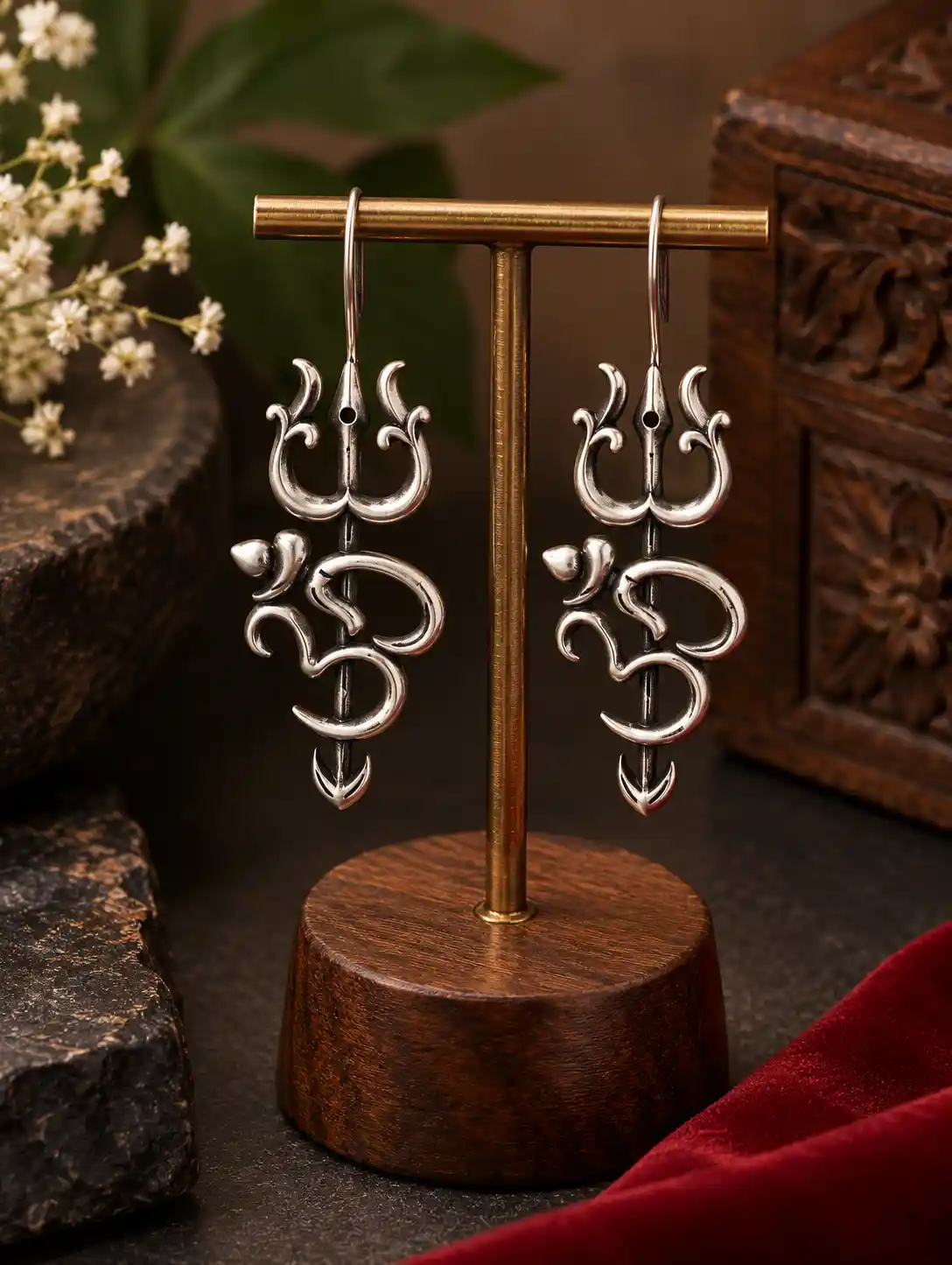Trishul Om Statement Earrings in Oxidized Silver Finish