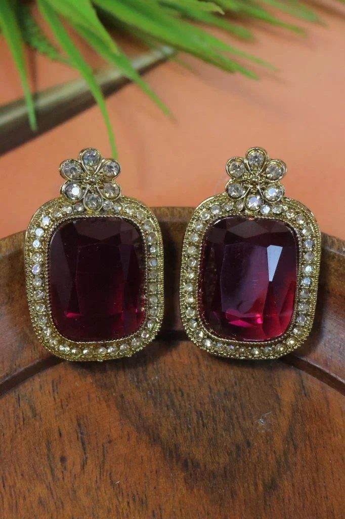 Oval Stone Stud Earrings with Crystal Border