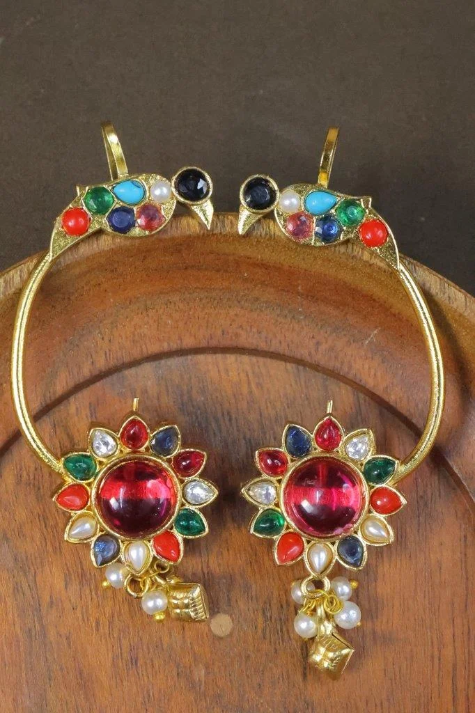 Navratna Parrot Ear Cuff with Flower Stud and Pearl Drops