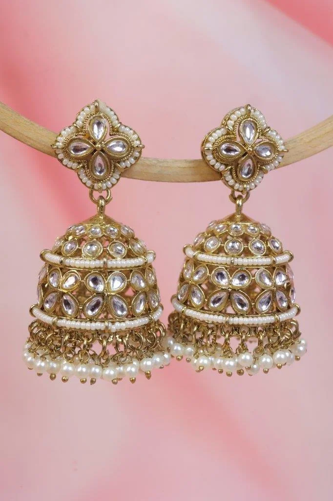 Kundan Jhumka Earrings with Domed Bell and Pearl Fringe