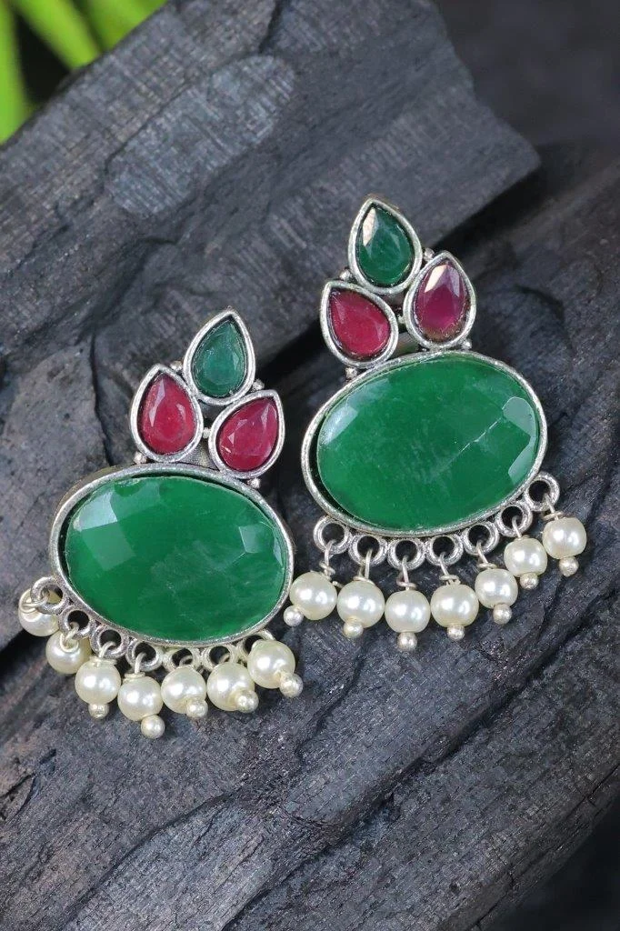 Oxidised Stone Cluster Earrings with Pearl Fringe