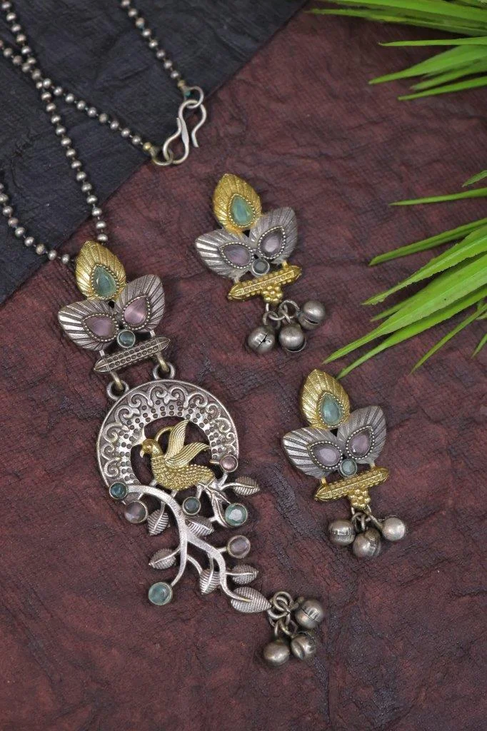 Dual Tone Peacock Filigree Necklace Set with Ghungroo Vine
