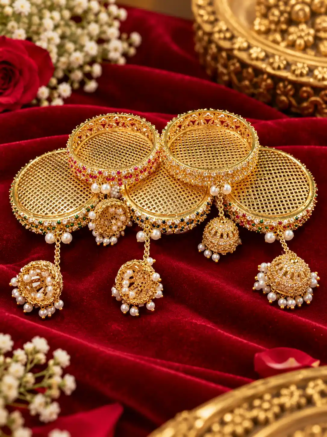 Brass Karwa Chauth Chhalani for Radha Krishna with Pearl Drops