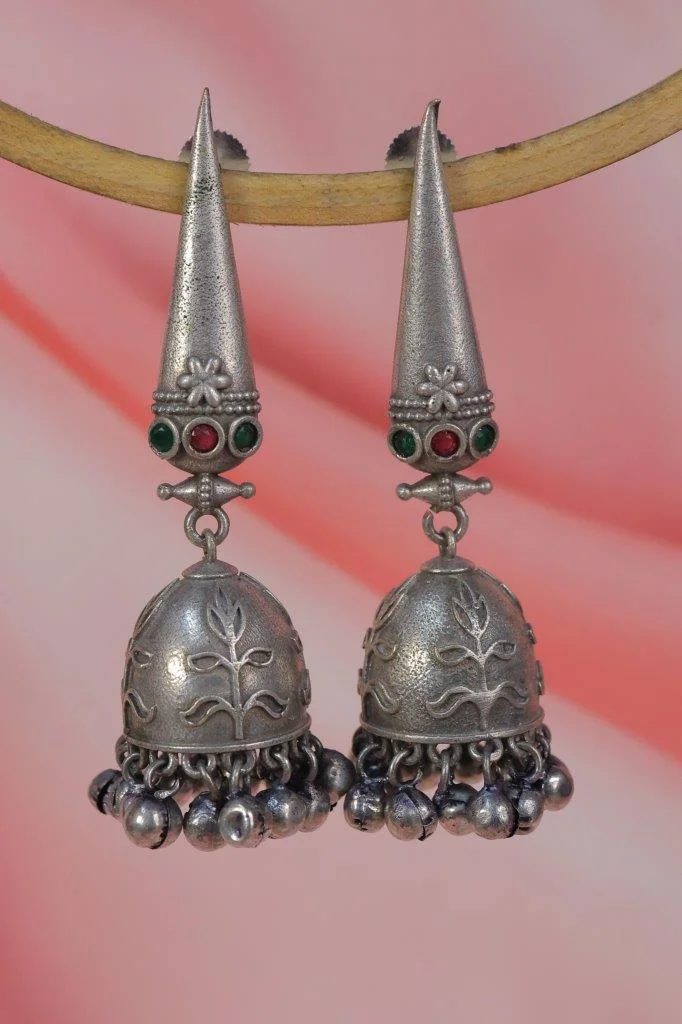 Long Cone Top Jhumka Earrings with Grey Bead Fringe