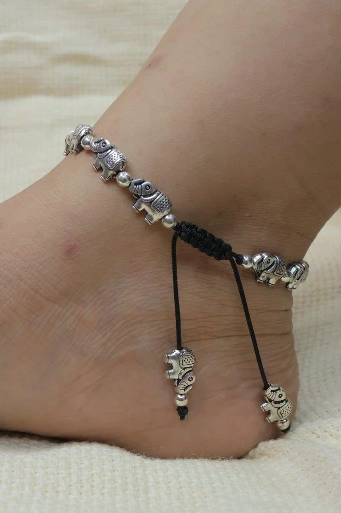 Black Thread Elephant Payal with Adjustable Slider