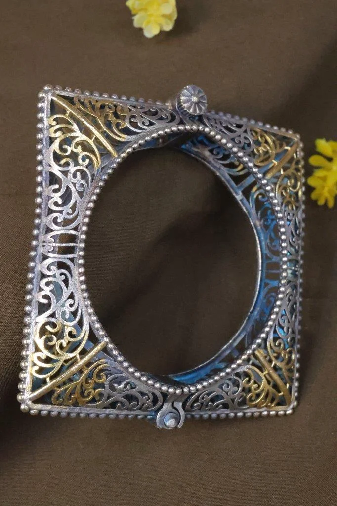 Dual Tone Openwork Filigree Bangle with Square Frame