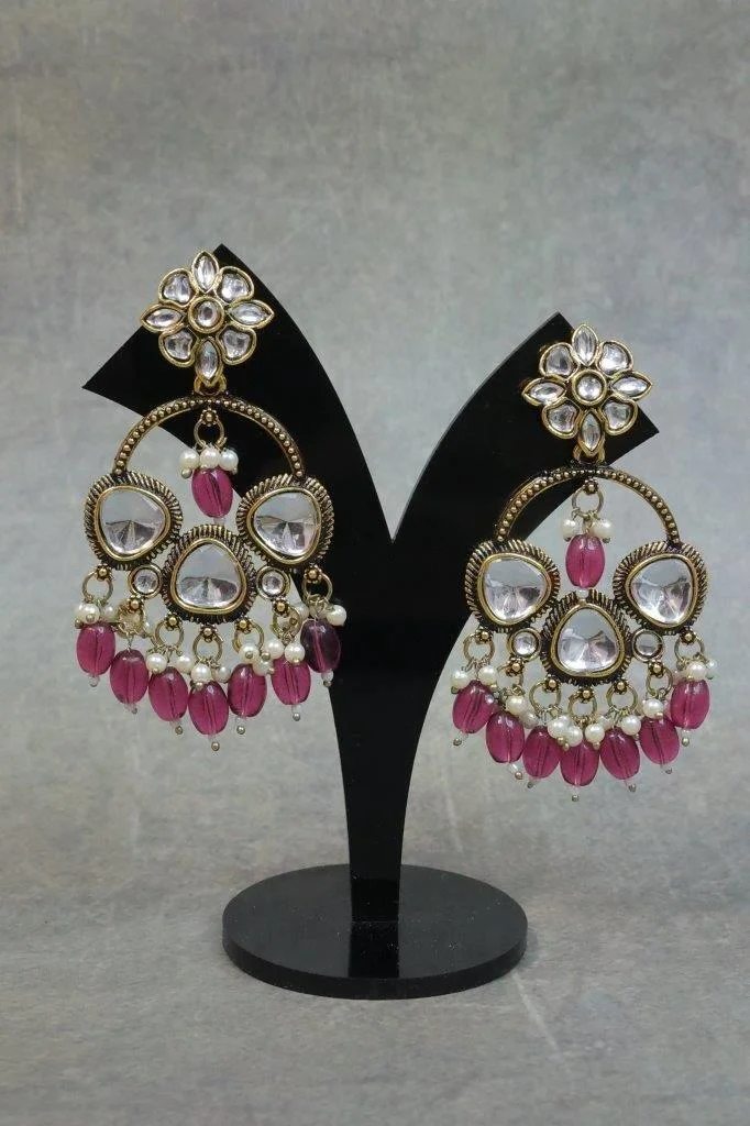 Kundan Chandbali Earrings with Bead Drops