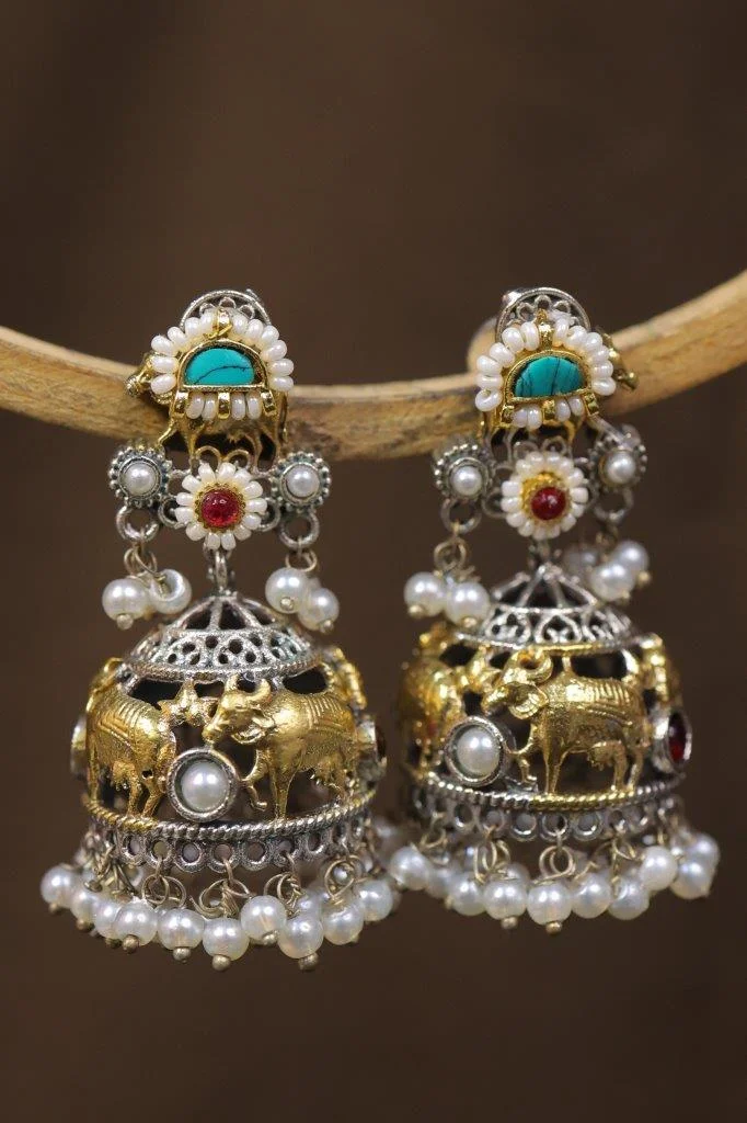 Gold Elephant Jhumka Earrings with Cabochon Top and Pearl Fringe
