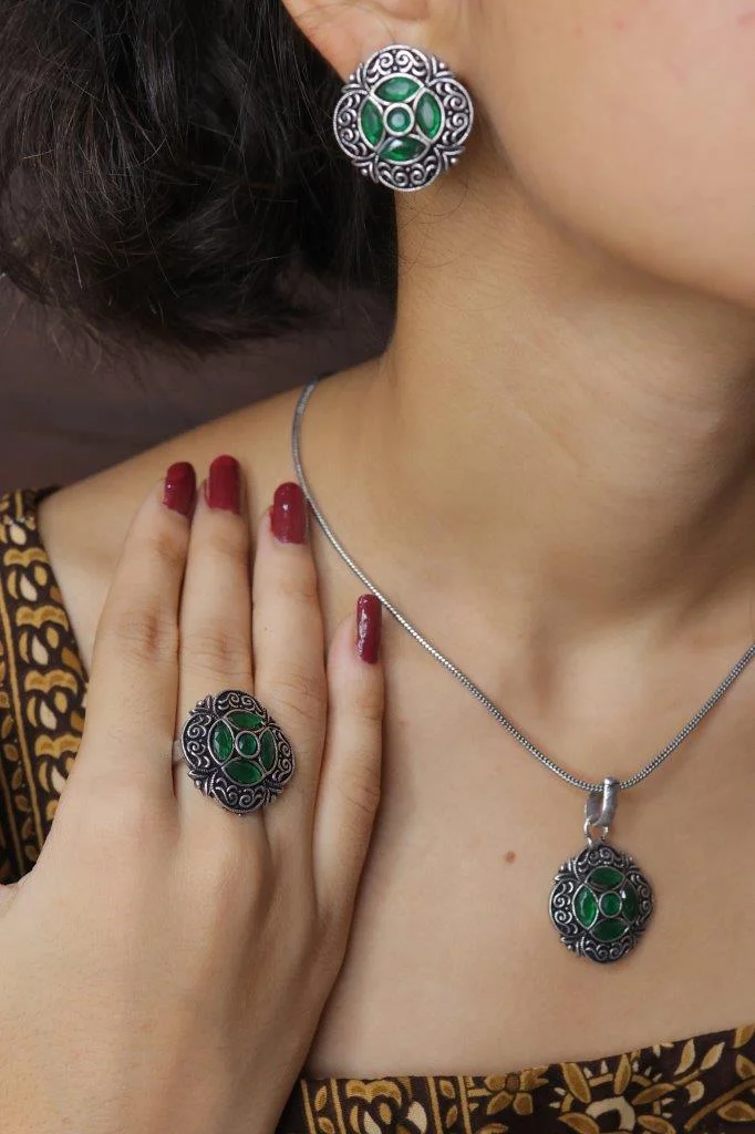 Scrollwork Oval Pendant Set with Stone Cross