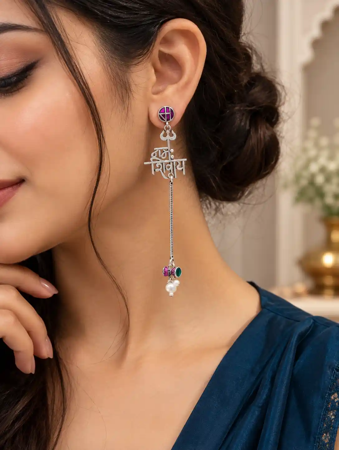 Om Namah Shivaya Long Drop Earrings with Trishul-Inspired Spiritual Design