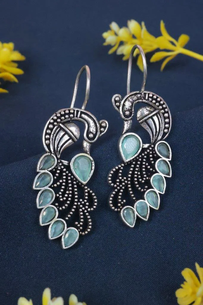 Oxidised Peacock Hook Earrings with Stone Plumage