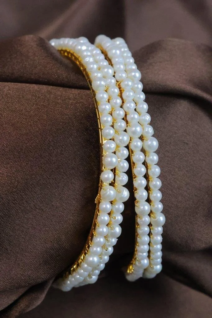 Gold Plated Pearl Row Bangles Set of Two