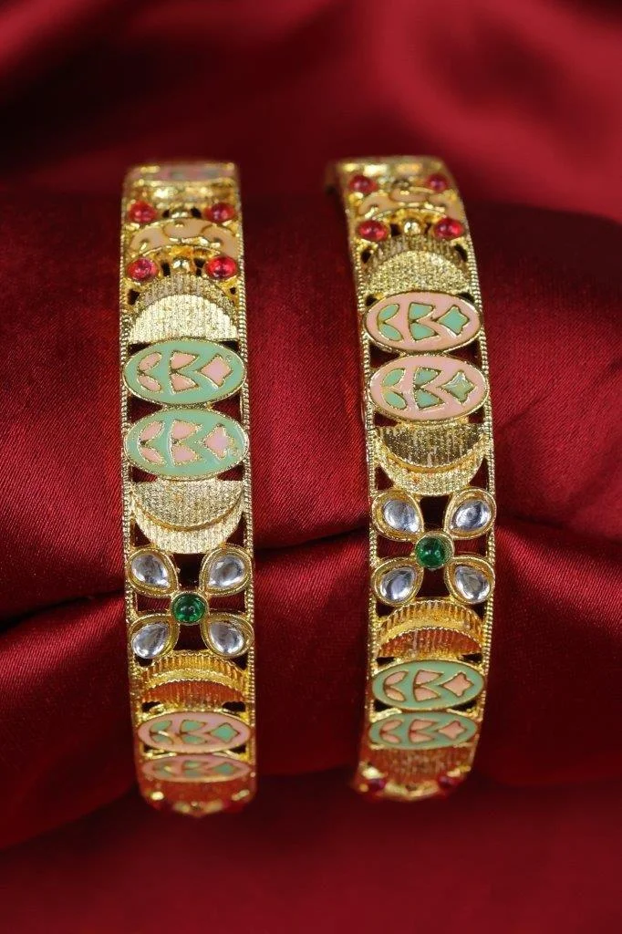 Gold Kada Set of Two with Pastel Enamel Medallions