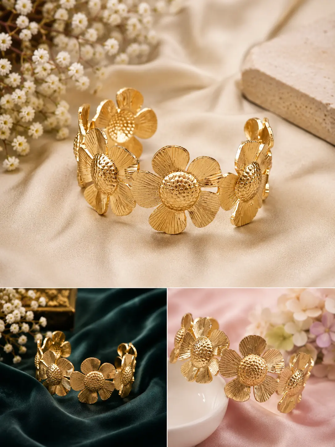 Floral Anti-Tarnish Gold Bangle | Elegant Flower Design Bracelet for Women