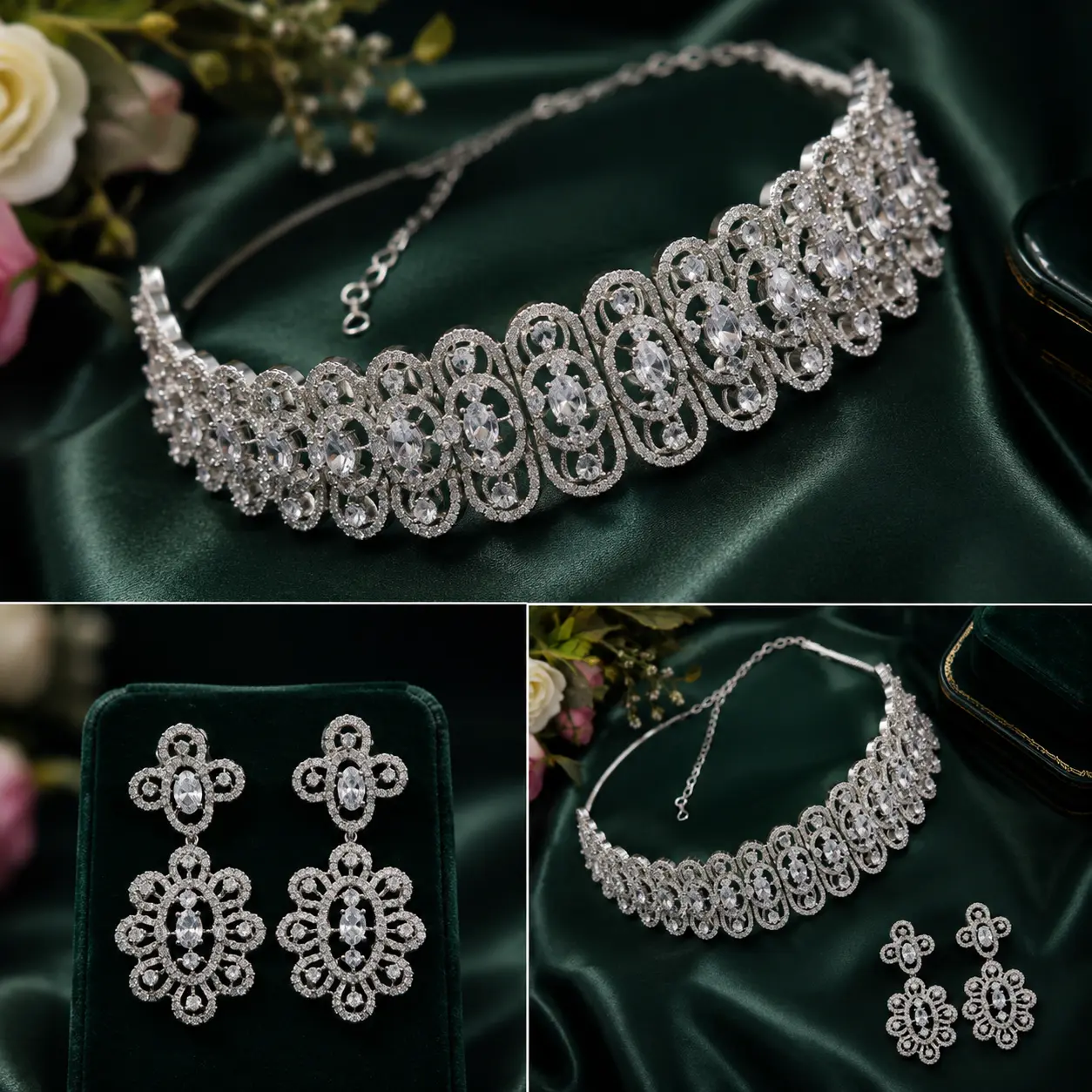 Silver AD Floral Choker Necklace Set with Matching Earrings | Keyura
