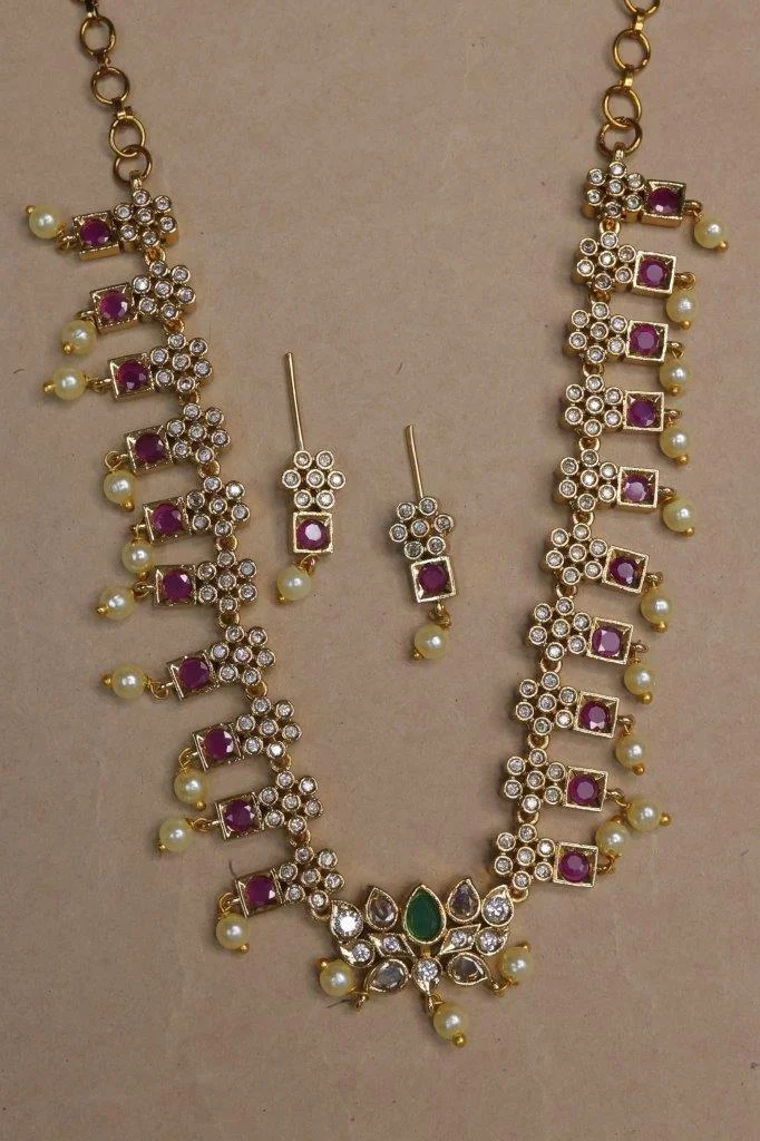 Long Ruby Square Necklace Set with Pearls