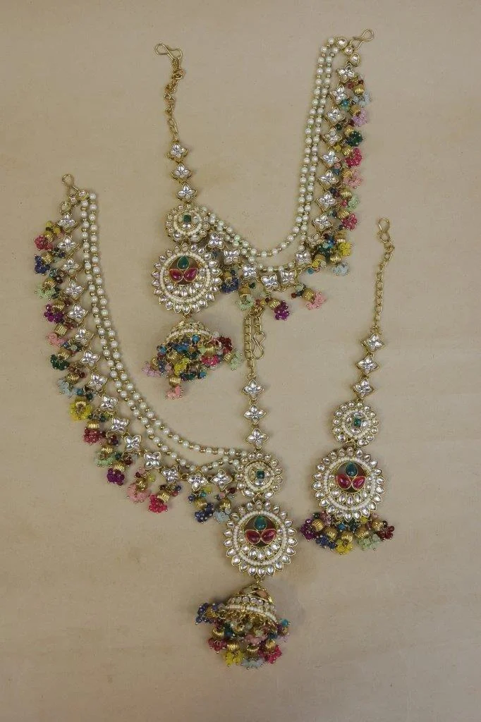 Bridal Kundan Jhumka Set with Kaan Chains and Maang Tikka