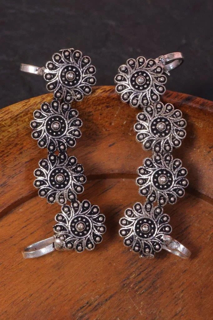 Four Flower Disc Ear Cuff Pair in Oxidised Silver