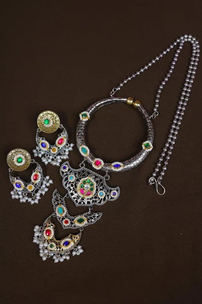 Silver Torque Necklace with Pearl Chain and Earrings