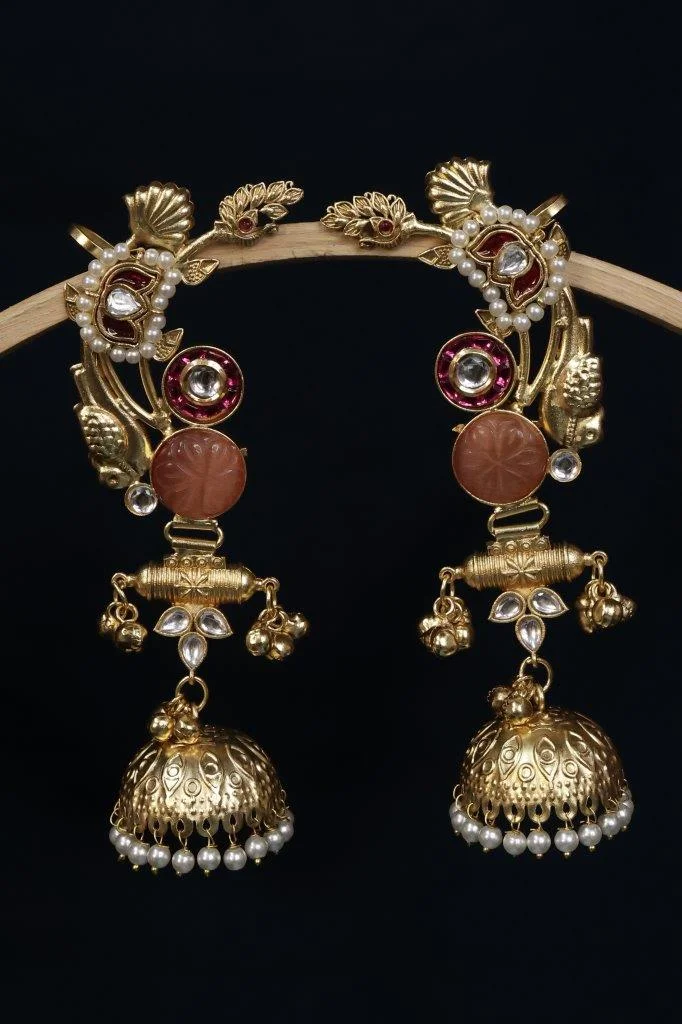 Gold Peacock Arch Earrings with Coral Stone and Jhumka