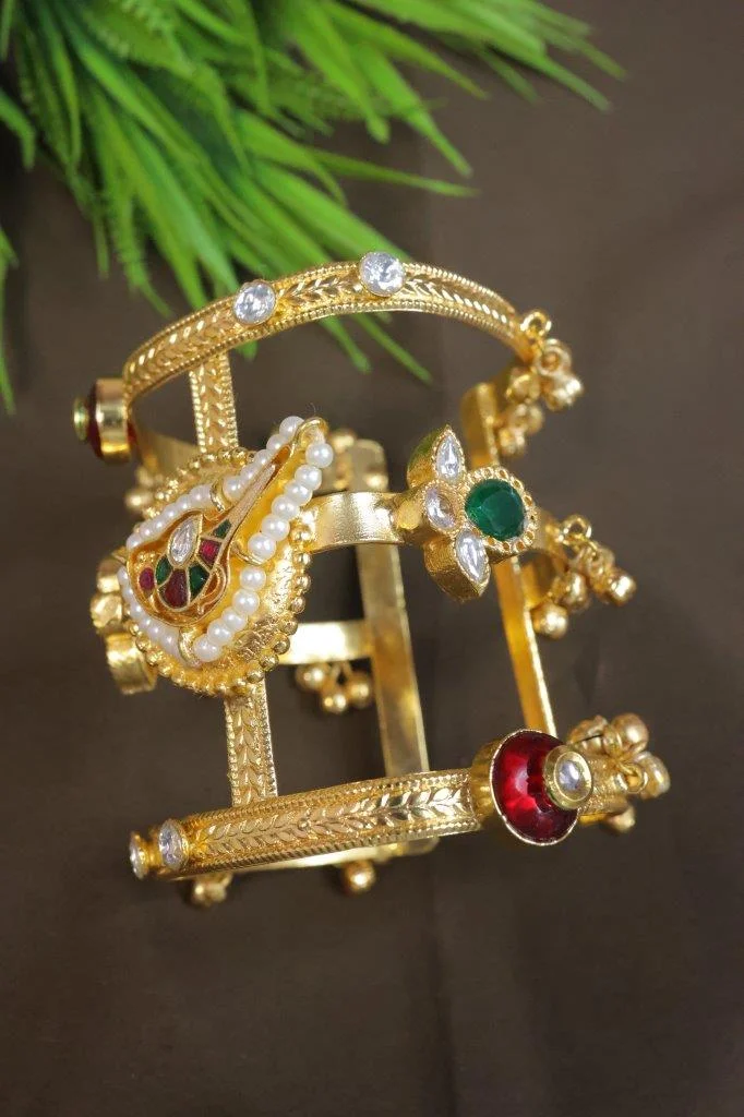 Gold-Tone Paachi Cage Kada with Pearl Paisley, Stone Flower and Ghungroo