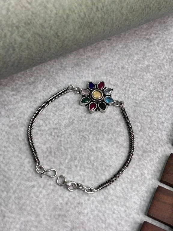 Oxidised Chain Bracelet with Meenakari Flower Centre
