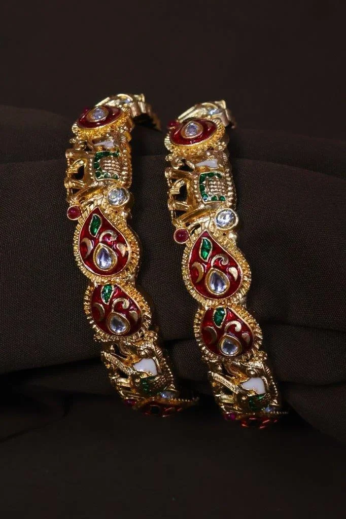 Gold Kada Set of Two with Red Enamel Paisleys
