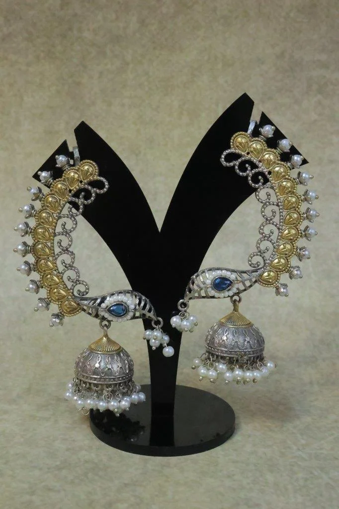 Peacock Chandbali Earrings with Blue Stone and Jhumka Drop