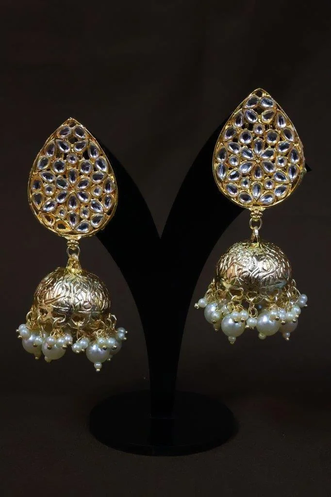 Large Kundan Teardrop Earrings with Gold Jhumka