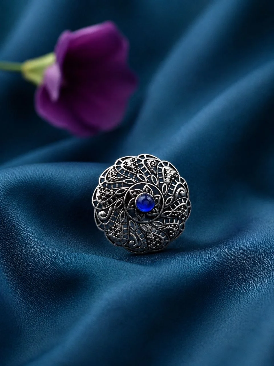 Oxidised Swirl Ring with Red Stone – view 2