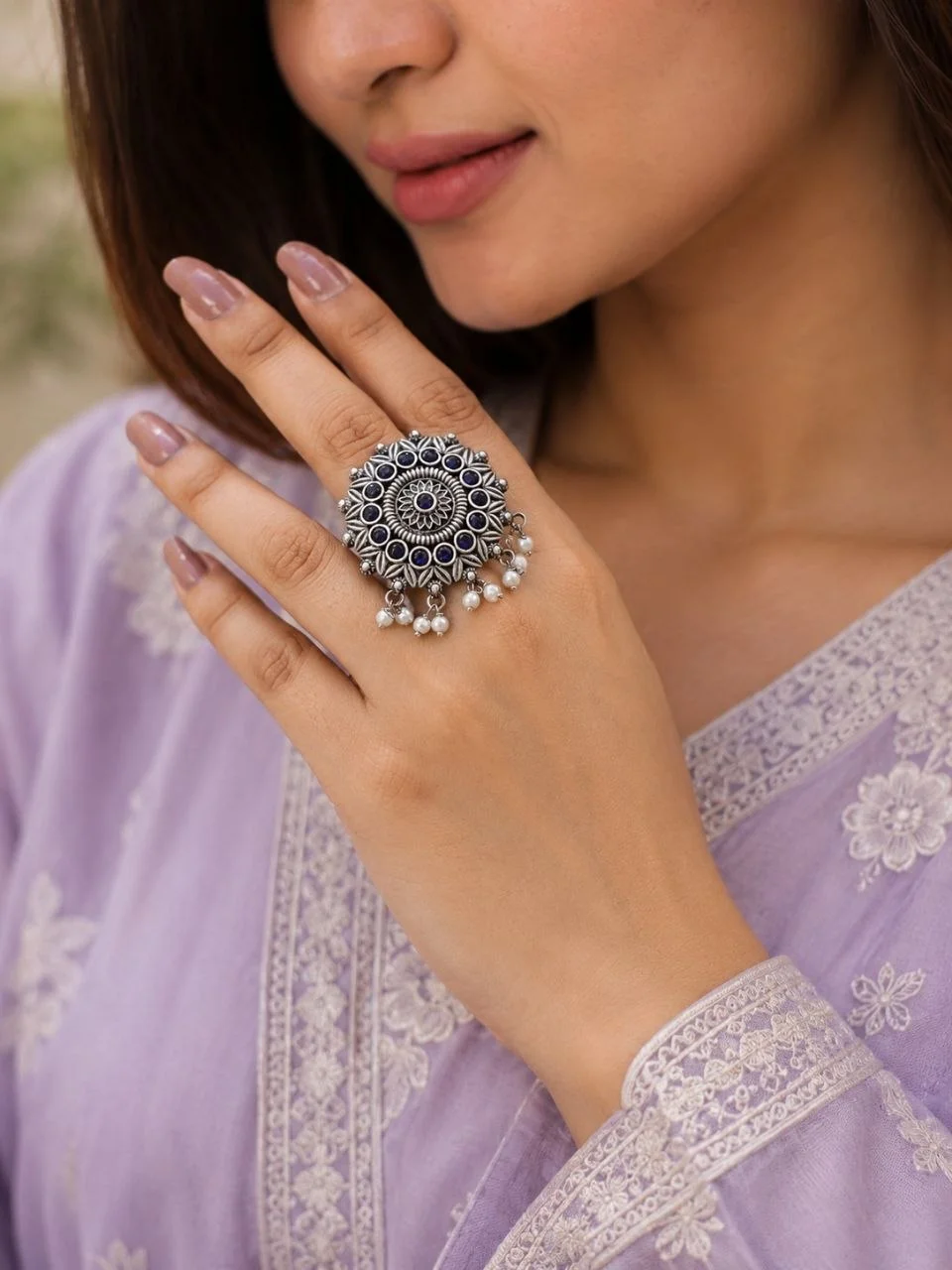 Oxidised Mandala Ring with Blue Stones and Pearls
