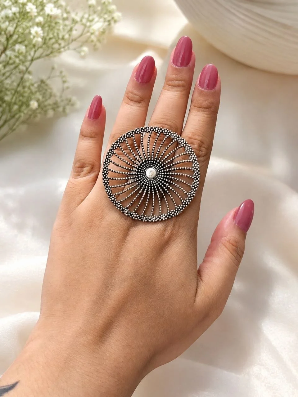 Wide Oxidised Sunburst Ring with Pearl Centre