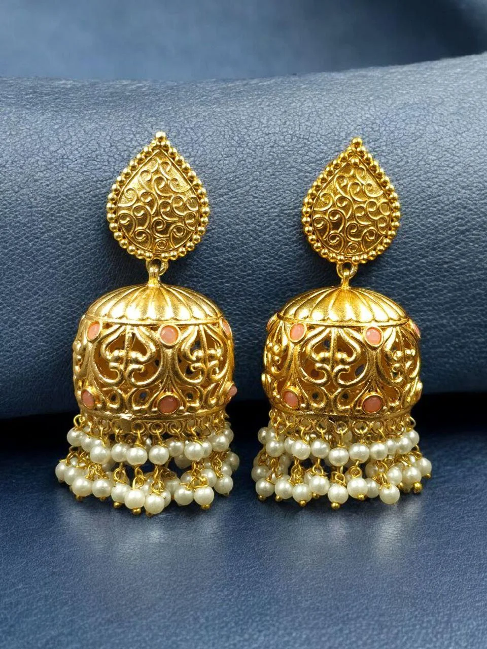 Green Meena Jhumka with Double Pearl Fringe – view 2