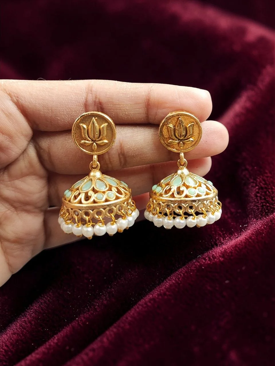 Green Meena Jhumka with Lotus Stud – view 2