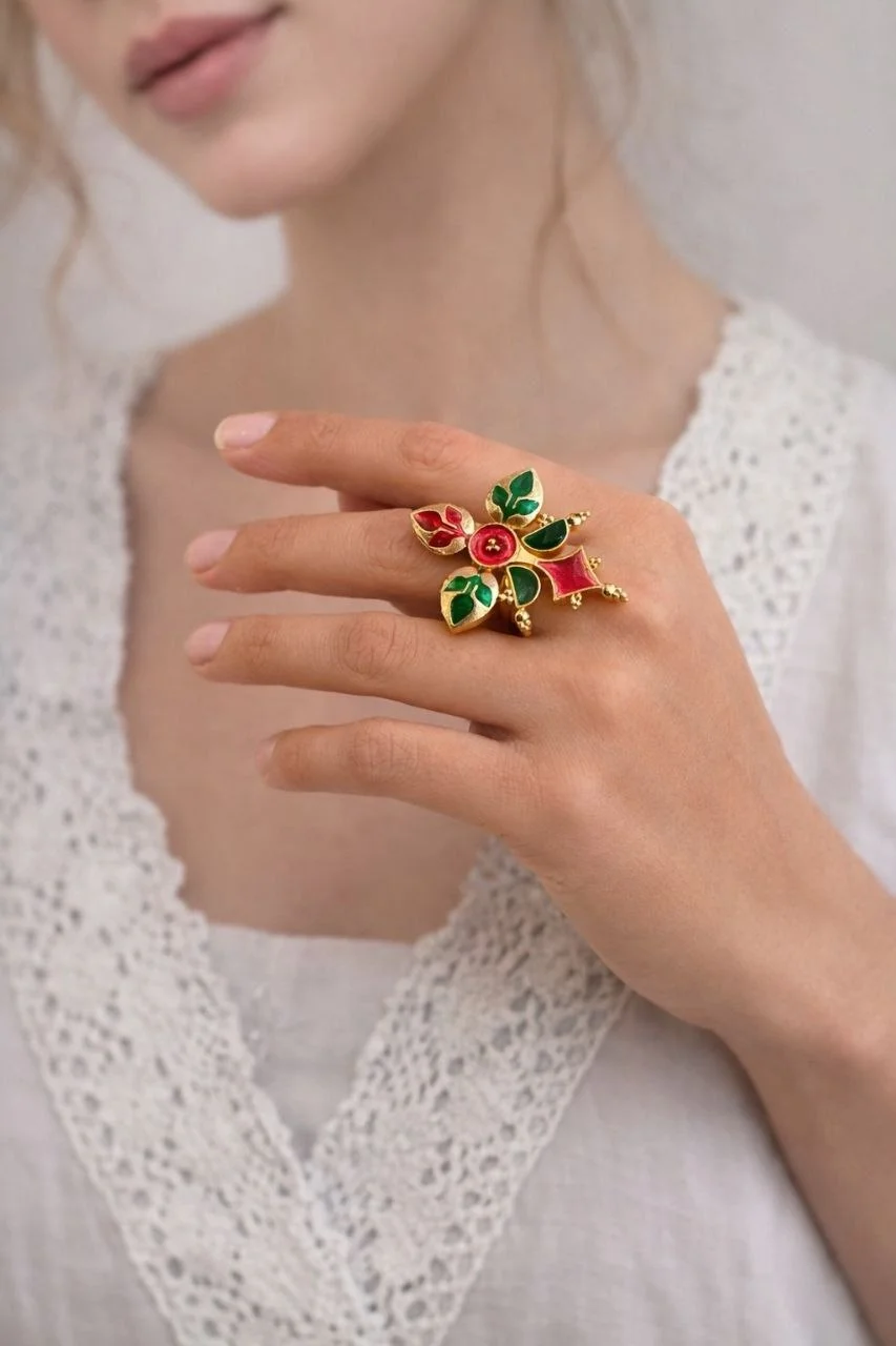 Gold Enamel Floral Ring with Scalloped Edge