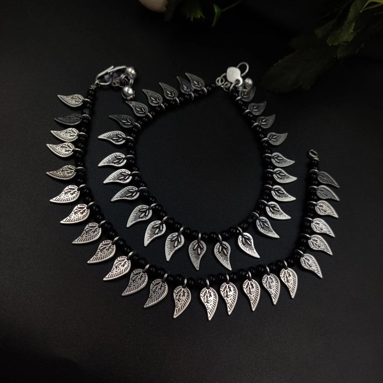Oxidised Leaf Fringe Black Bead Anklet