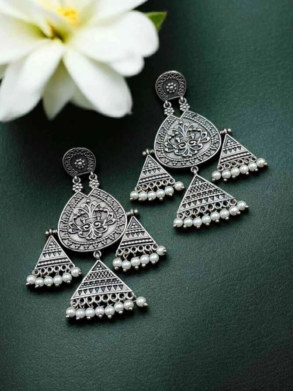 Oxidised Triangle Cone Dangler Earrings with Pearl Drops – view 2