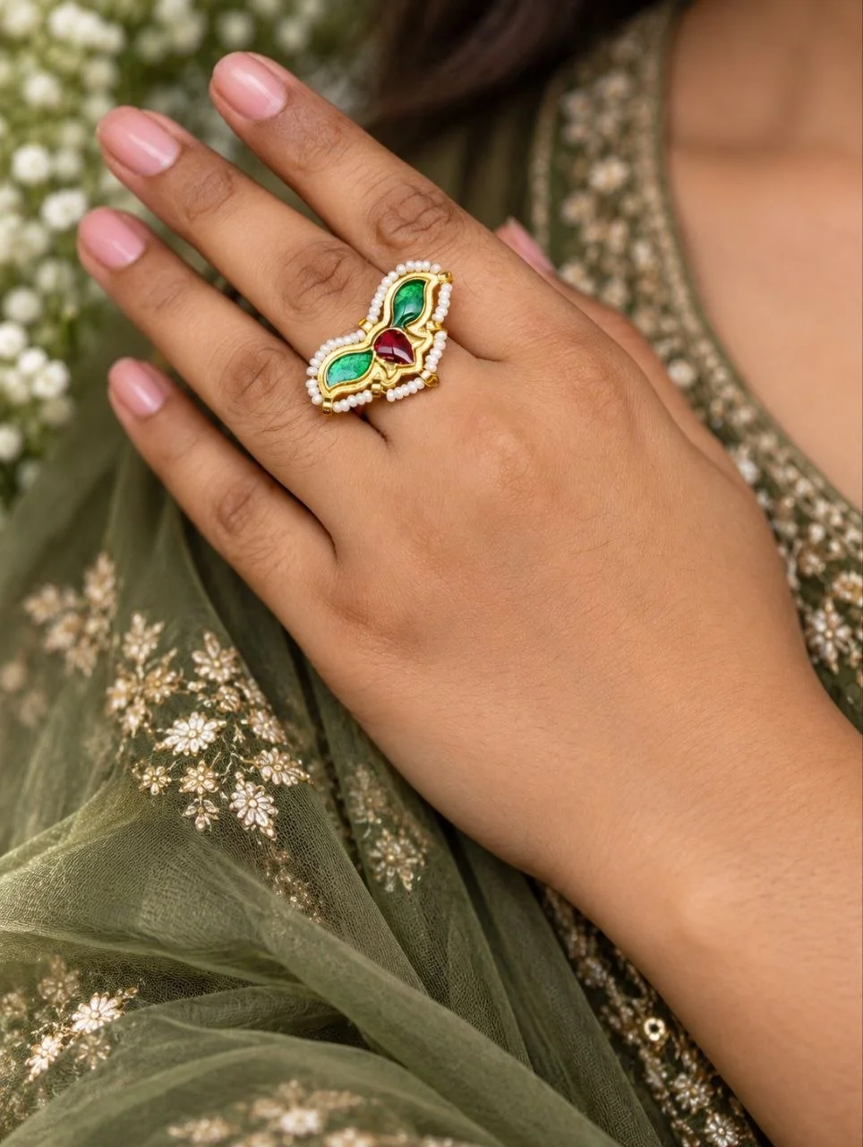 Gold Lotus Ring with Kundan Stones