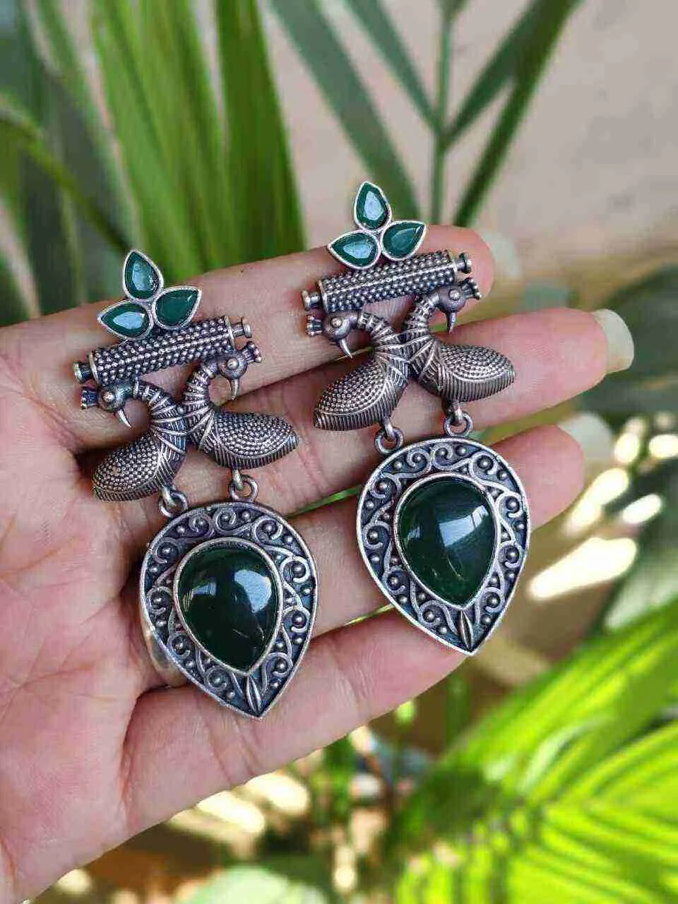 Oxidised Twin Peacock Bar Earrings with Teardrop Stone Drop