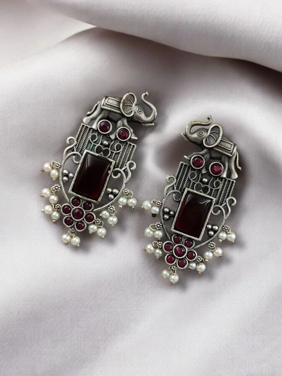 Oxidised Elephant Panel Earrings with Rectangular Stone and Pearls
