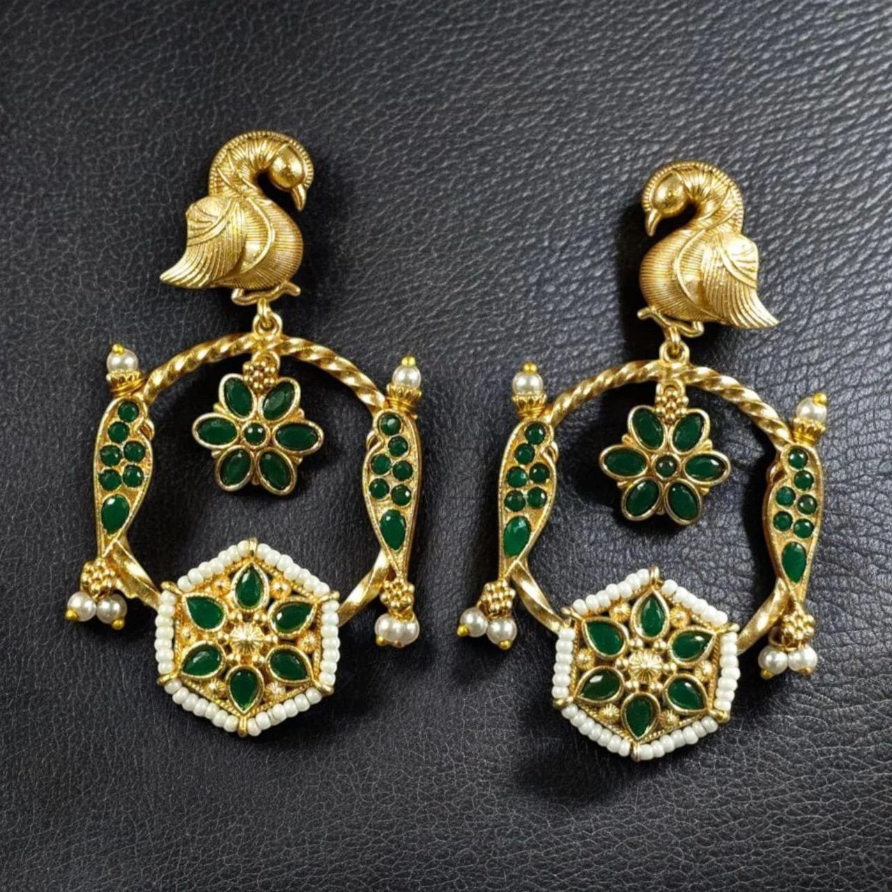 Temple Floral Hoop Drop Earrings with Stone Base